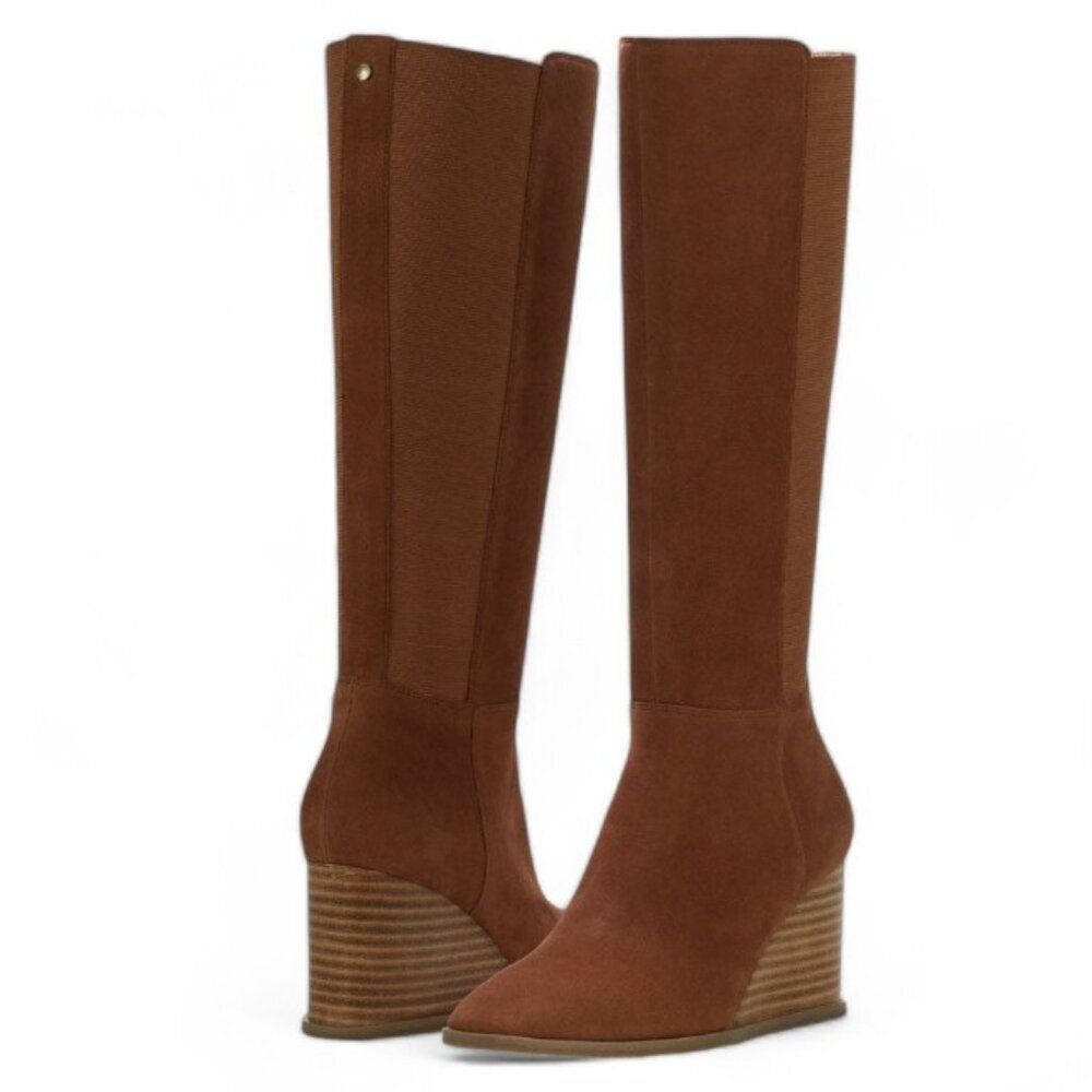NYDJ Size 8 Cognac Jessica Wedge Knee High Brushed Suede Leather Boots